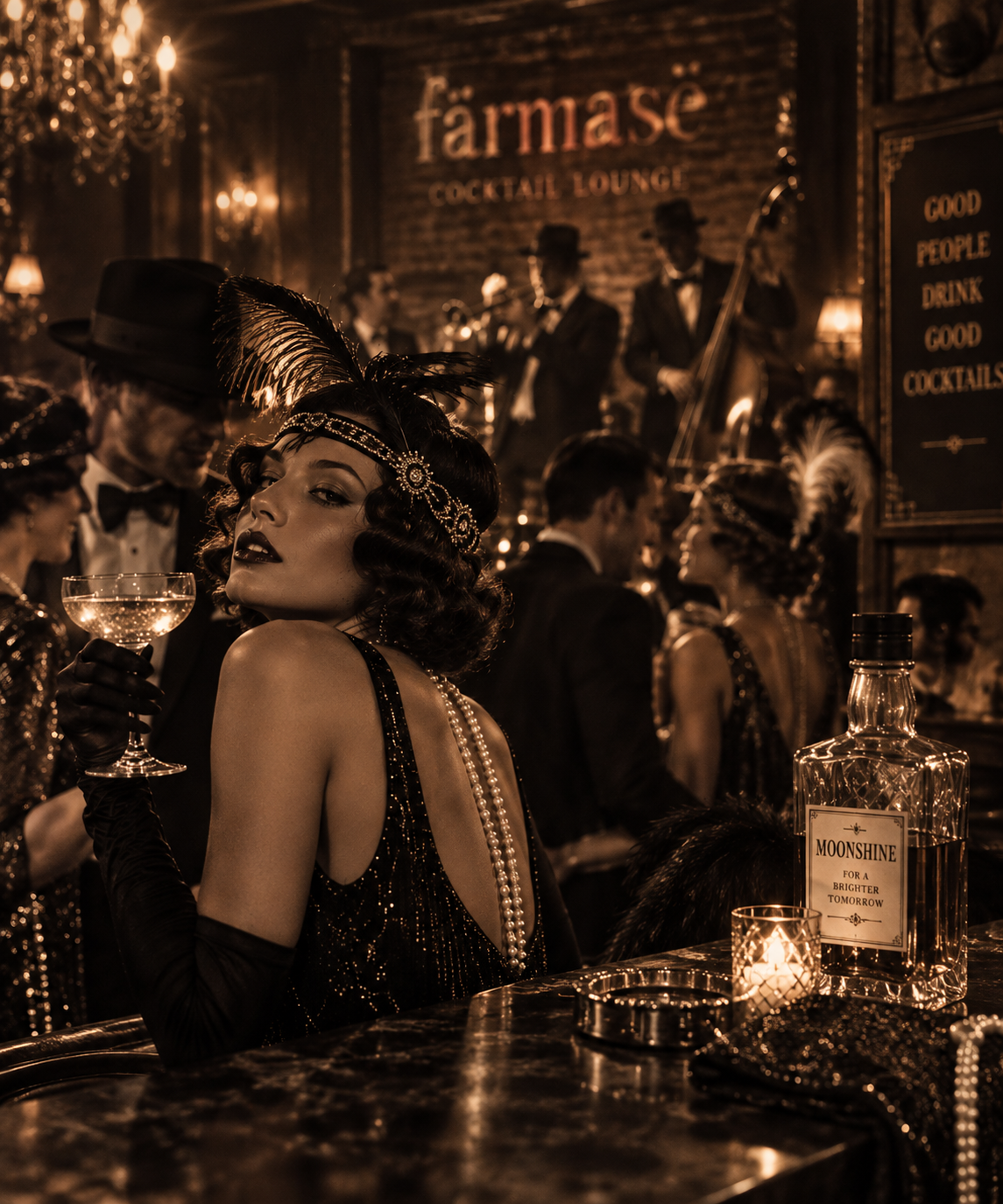 Prohibition-era New Year's Eve party at färməsē — flapper, jazz band and moonshine bottle in the basement lounge
